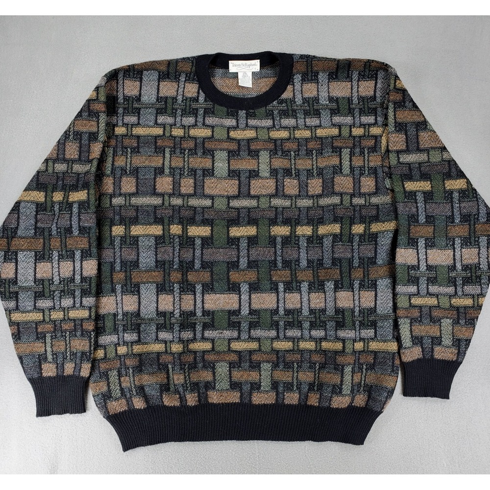 Vintage Tricots St Raphael Sweater Wool Mens L 90s Merino Geometric Knit‎ Weave